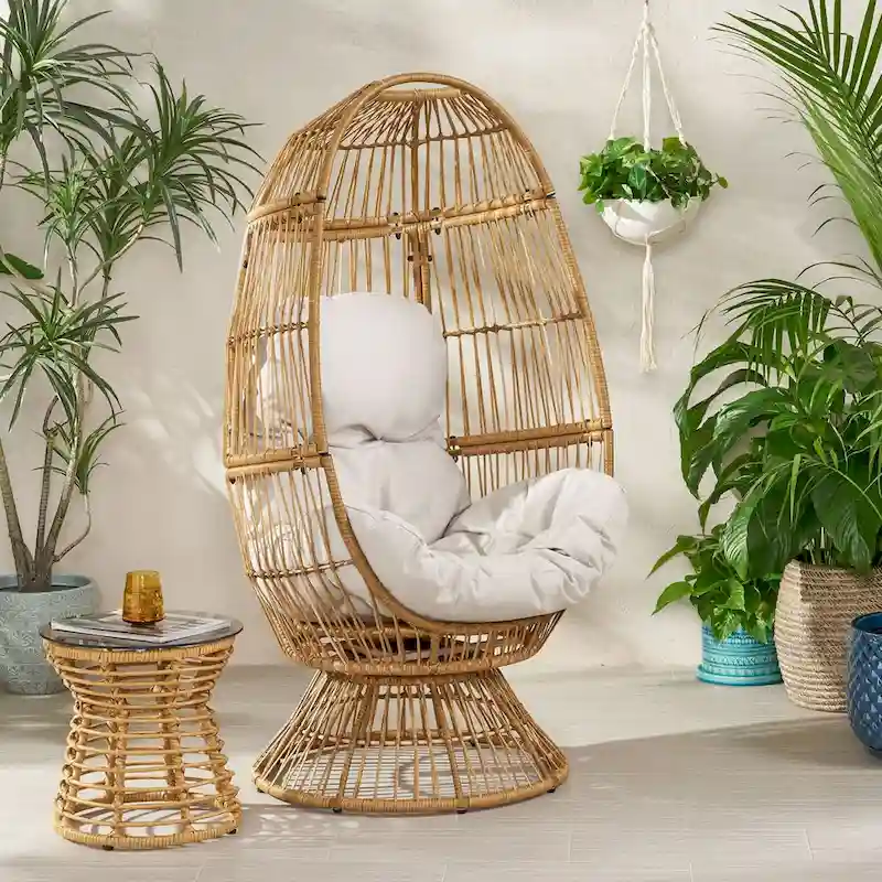 Oaks Aura Abstract Mesh Design Wicker Chair, Handcrafted Woven Rattan Swivel Egg Shape Chair, Basket Shape Chair With Cushion