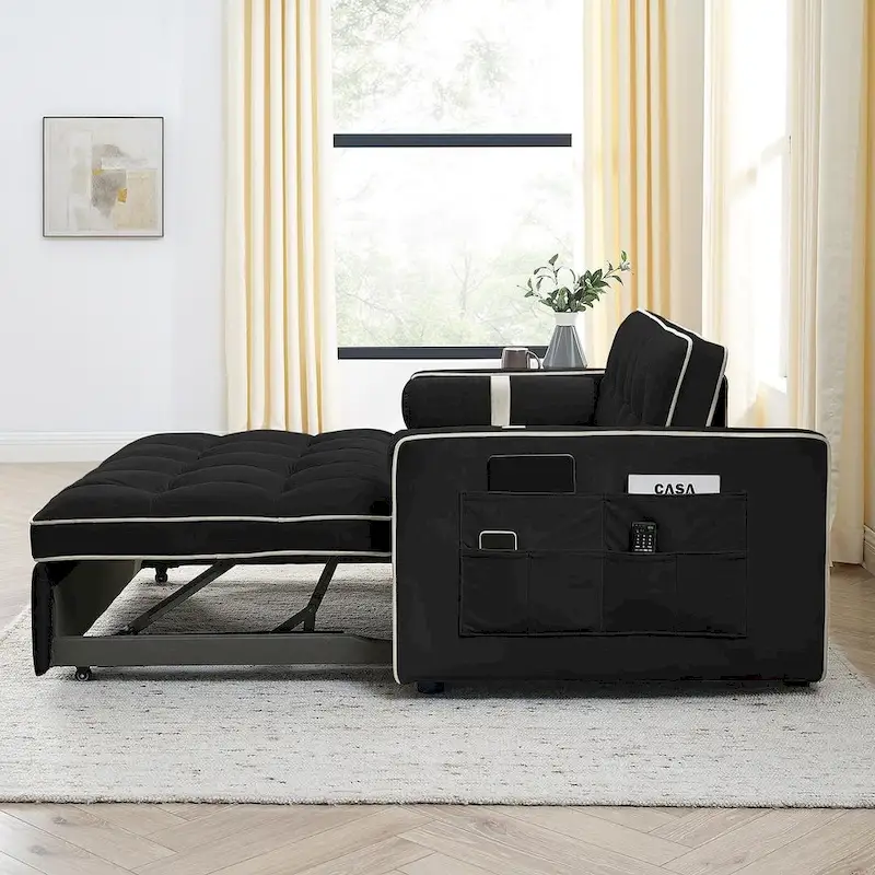 Modern 55.5 Velvet Pull-Out Adjustable Sofa Bed with Side Pockets
