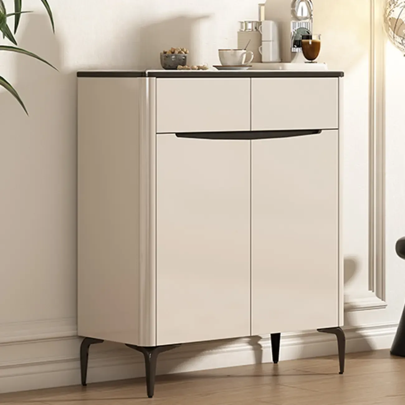 Khaki Wood Entryway Shoe Cabinet Marble Top