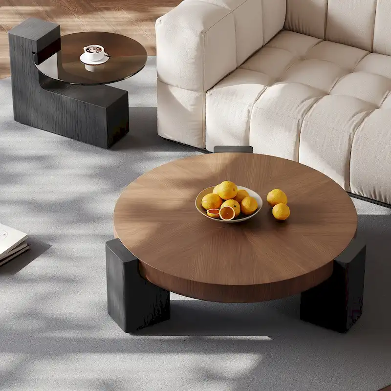 37 Modern Round Nesting Coffee Table, Mid Century Wood Coffee Table, Brown & Black Solid Wood Veneer