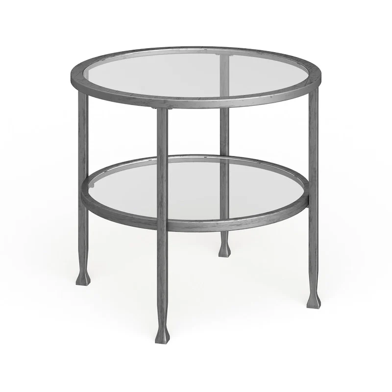 Silver Metal Round Side Table with Shelf