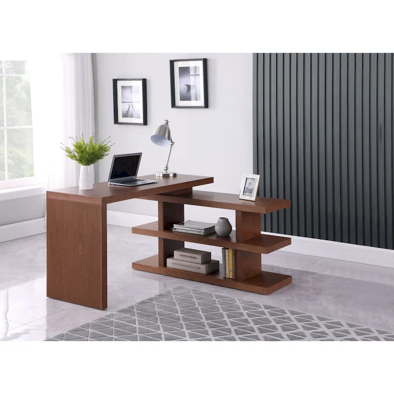 Walnut, L-Shaped, 1-Person Home Office Desk with 360° Rotating Shelf