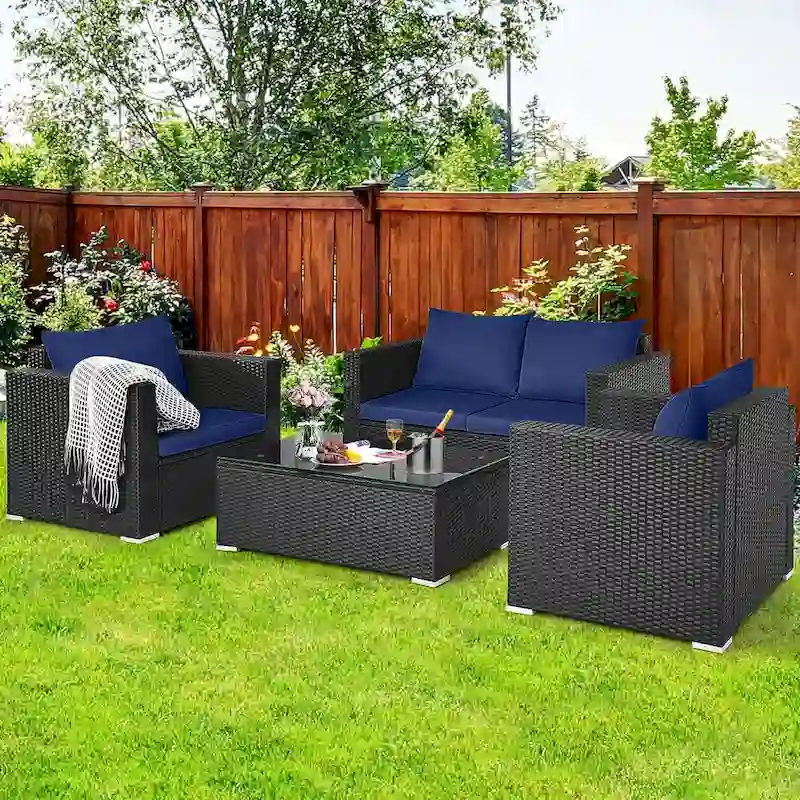 Costway 4 PCS Patio Rattan Furniture Set Cushioned Sofa Chair Coffee - See Description
