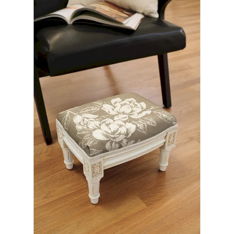 Taupe Floral Footstool, Linen & Wood, 1-Person