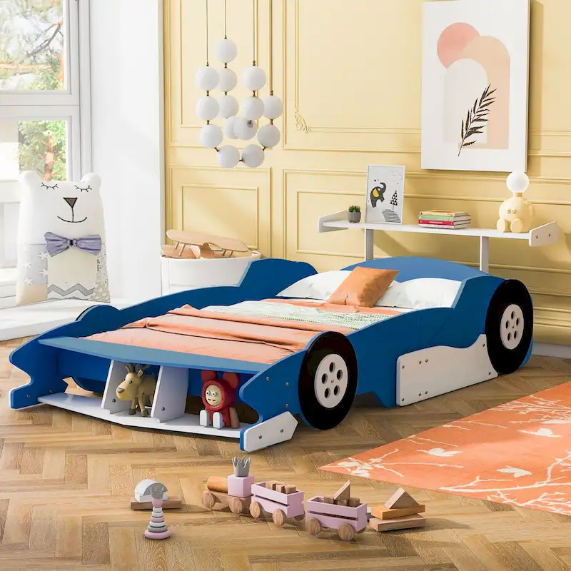 Black/Red/Blue Full Size Race Car Platform Bed with Side Rails – 1 Person