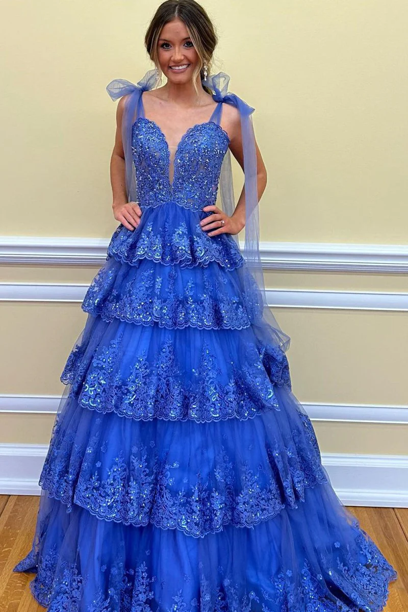 Light Blue Tulle Appliques Tying Strap Ruffle Tiered Long Prom Dress