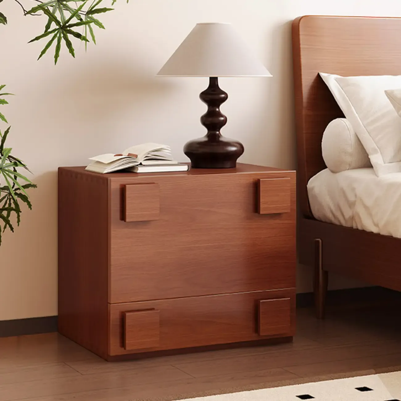 Cubical Solid Wood Double Drawer Nightstand in Nut-Brown
