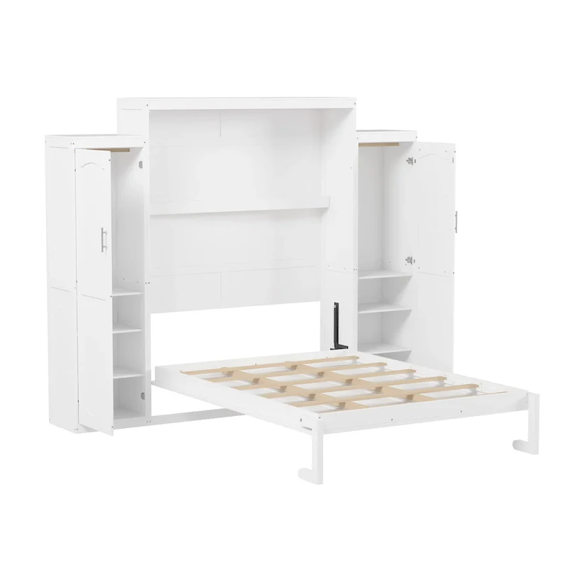White Queen Murphy Wall Bed with 2 Integrated Wardrobes and Storage Shelf – 2-Person