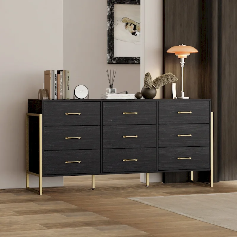 Elegant 9-Drawer Dresser with Gold Accents - Black Stripe Finish Chest