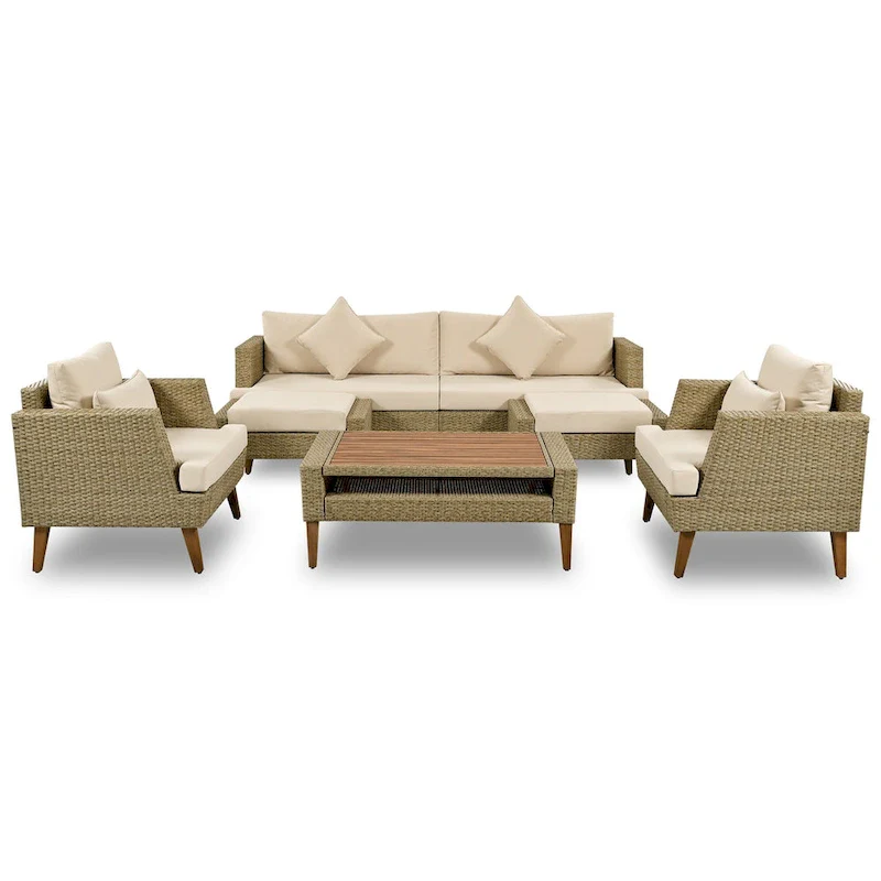6-Pieces All Weather PE Wicker Sofa Set with Double Cushions