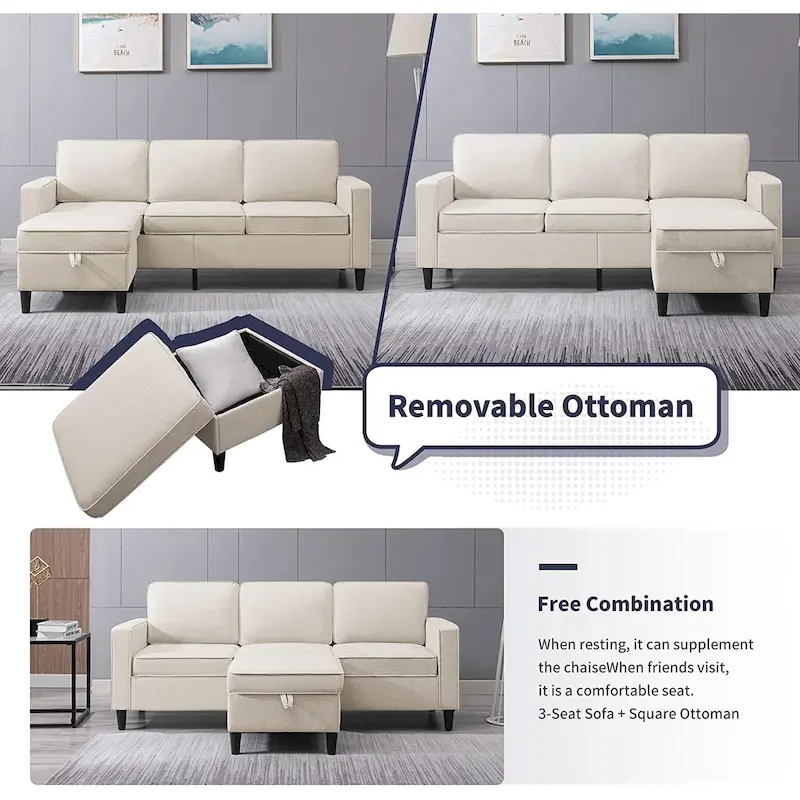 Mixoy 78inch Modern 3-Seat L Shaped Upholstered Sofa with Ottoman