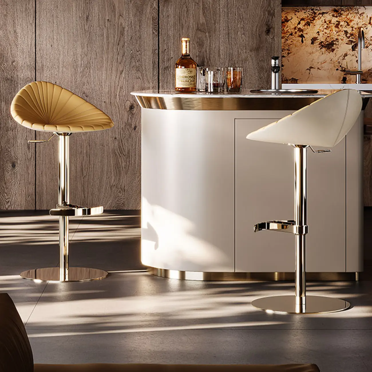 Luxury Adjustable Height Leather Bar Stool Gold Pedestal