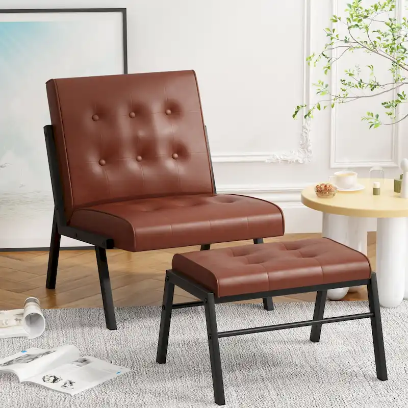 Brown / Gray / Black Mid-Century Faux Leather Armless Accent Chair with Ottoman – 1-Seater
