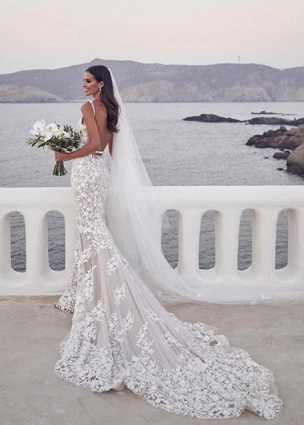 Straps Mermaid Wedding Dresses Lace Appliqued Bridal Gowns