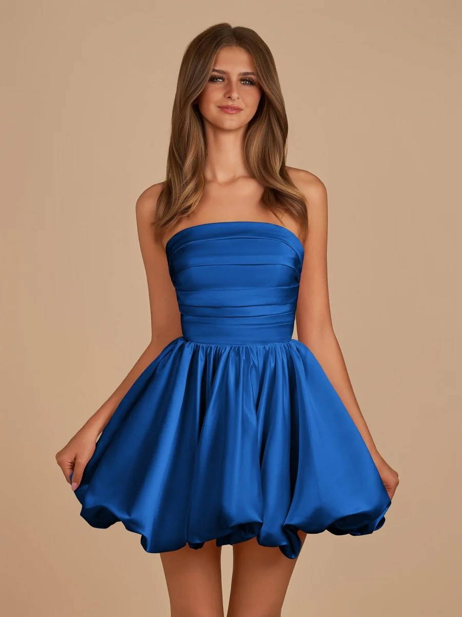Royal Blue - A Line Strapless Satin Bubble Hem Short Homecoming Dresses