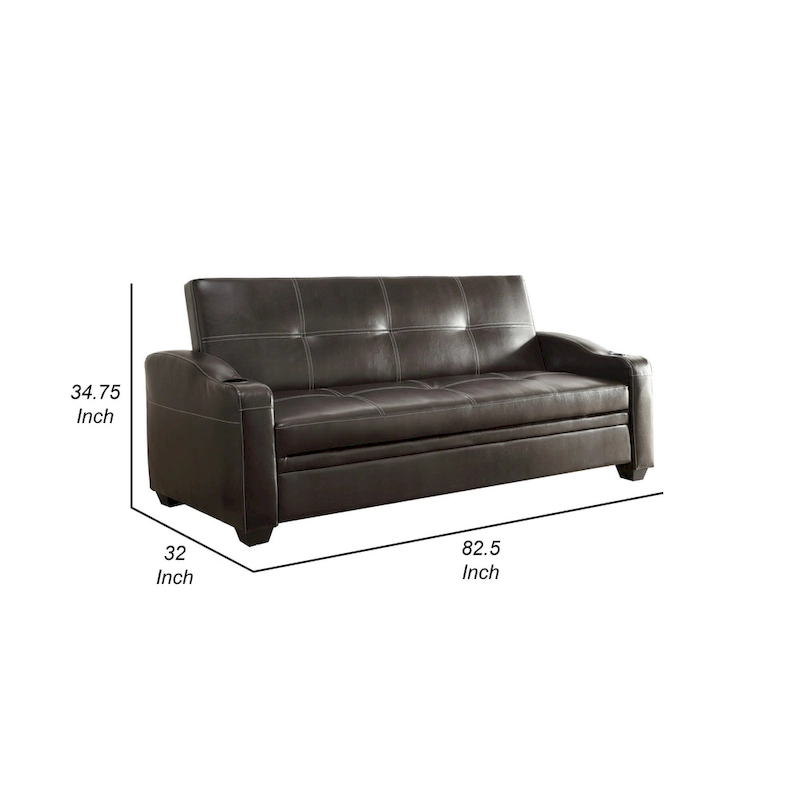 Ferry 83 Inch Lounger Sofa Bed, Tufted Brown Faux Leather, Solid Wood