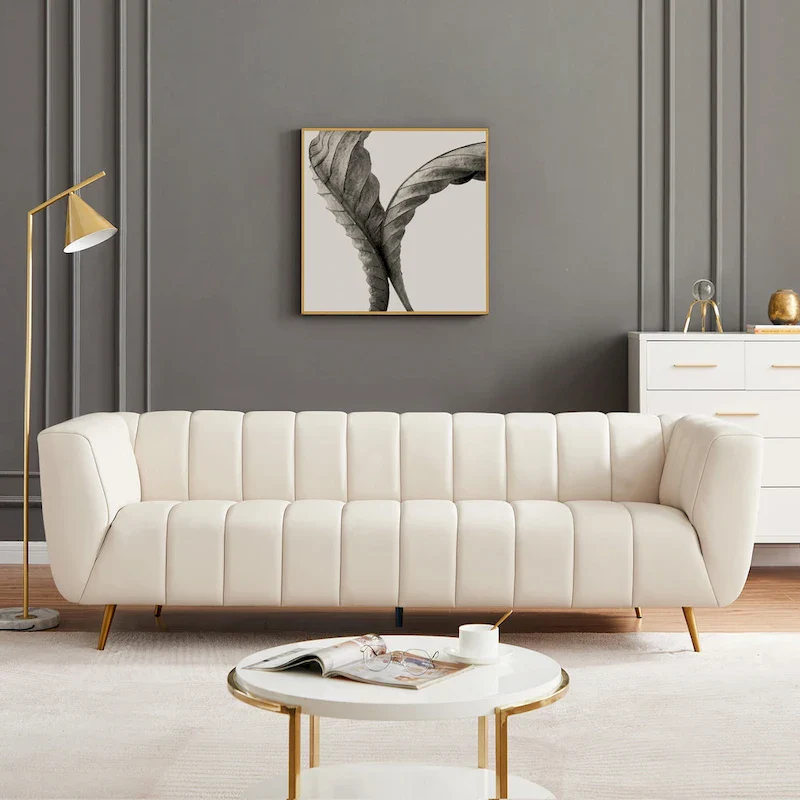 Clovis Mid-Century Modern Furniture Style Upholstered Leather Couch in Cream