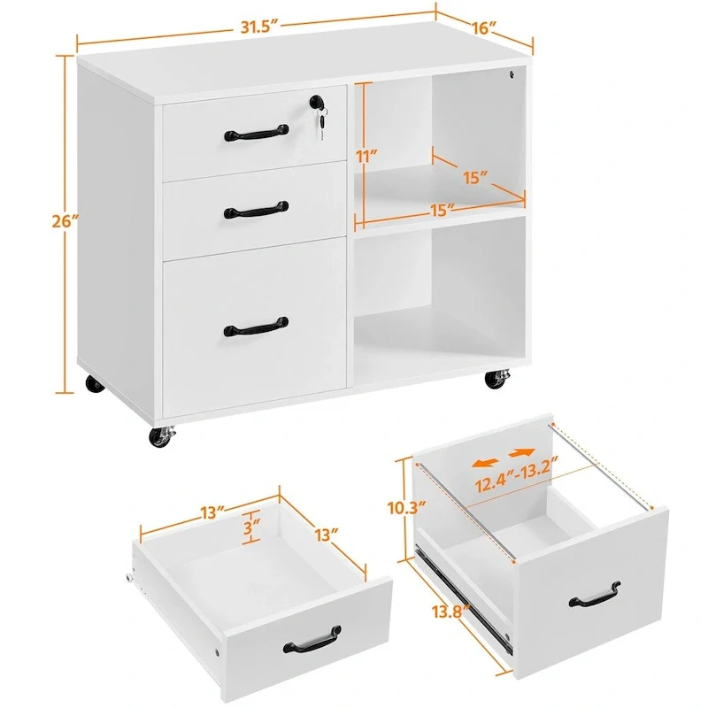 Rolling File Cabinet with 3 Drawers and 2 Shelves