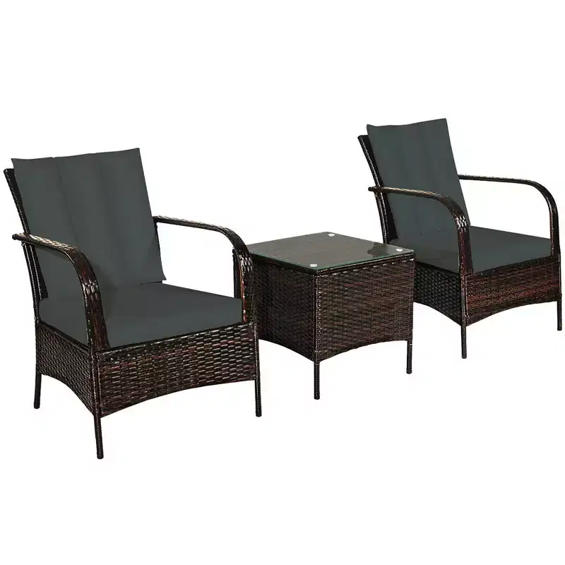 Costway 3 PCS Patio Wicker Rattan Furniture Set Coffee Table & 2 Rattan Chair W/Cushions