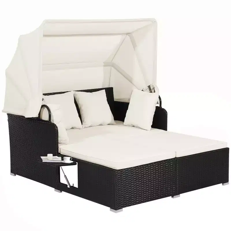 Costway Patio Rattan Daybed Lounge Retractable Top Canopy Side Tables Cushions Off White/Red/Turquoise/Beige