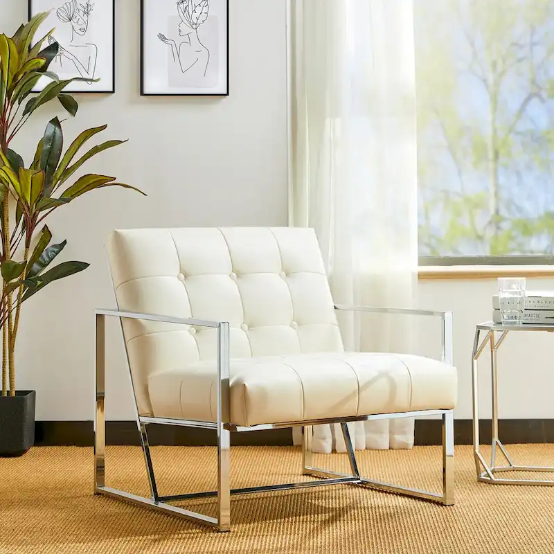 30.50H Cream Mid-Century PU Leather Tufted Accent Chair with Chrome Plated Frame