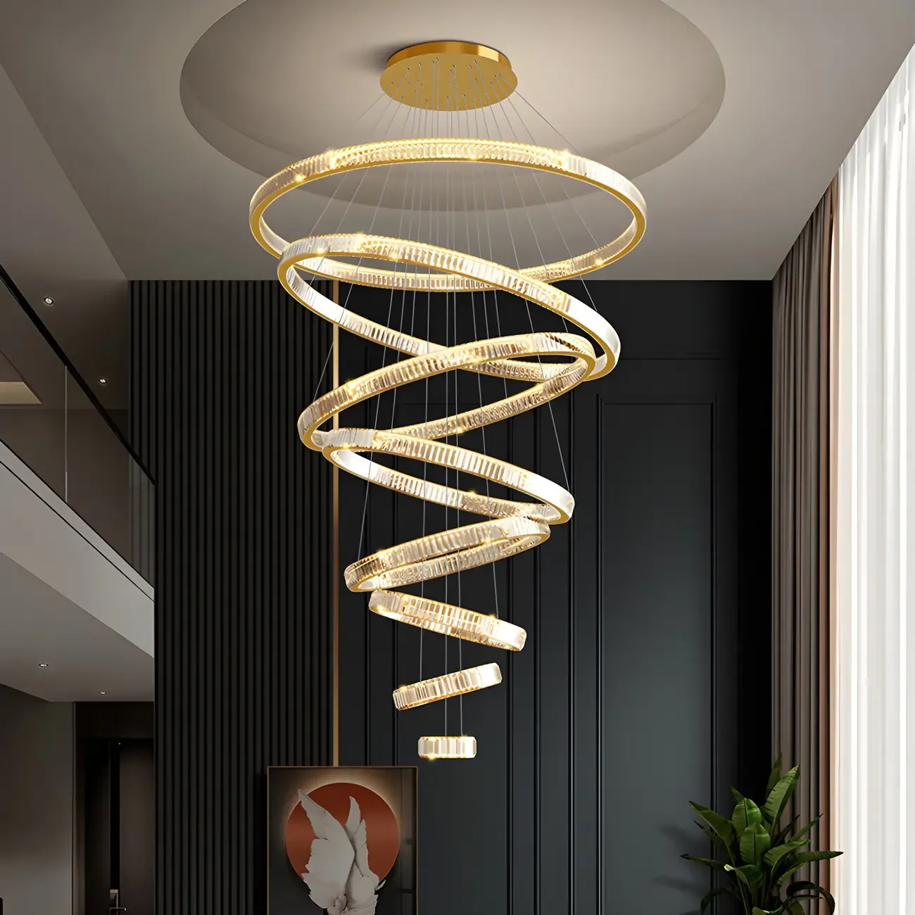Gold Spiral Ring Crystal Tier Chandelier Modern Remote LED