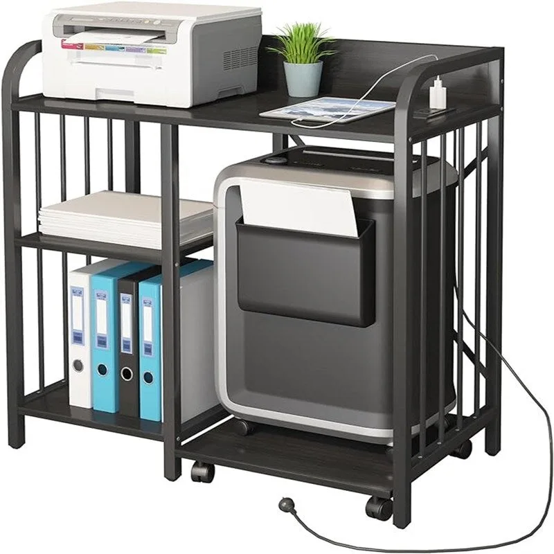 Black/Brown 3-Tier Printer Stand with Power Outlet & USB Ports