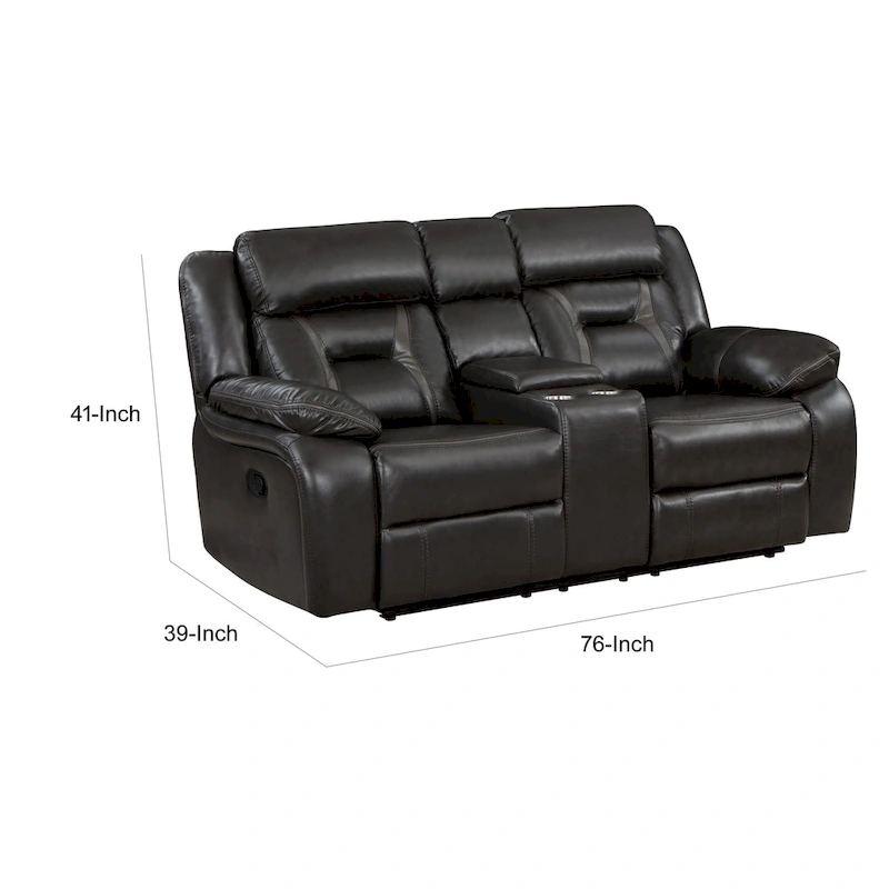 Millie 76 Inch Manual Dual Recliner Loveseat, Cupholders, Gray Faux Leather