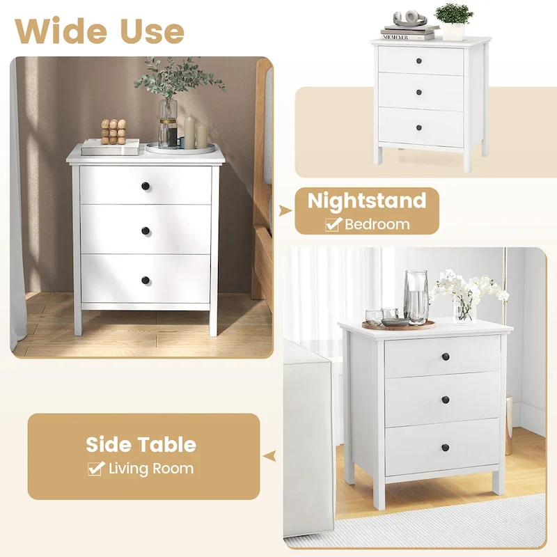 Gymax 3-Drawer Nightstand Wooden Bedside Table Modern Side End Table - See Details