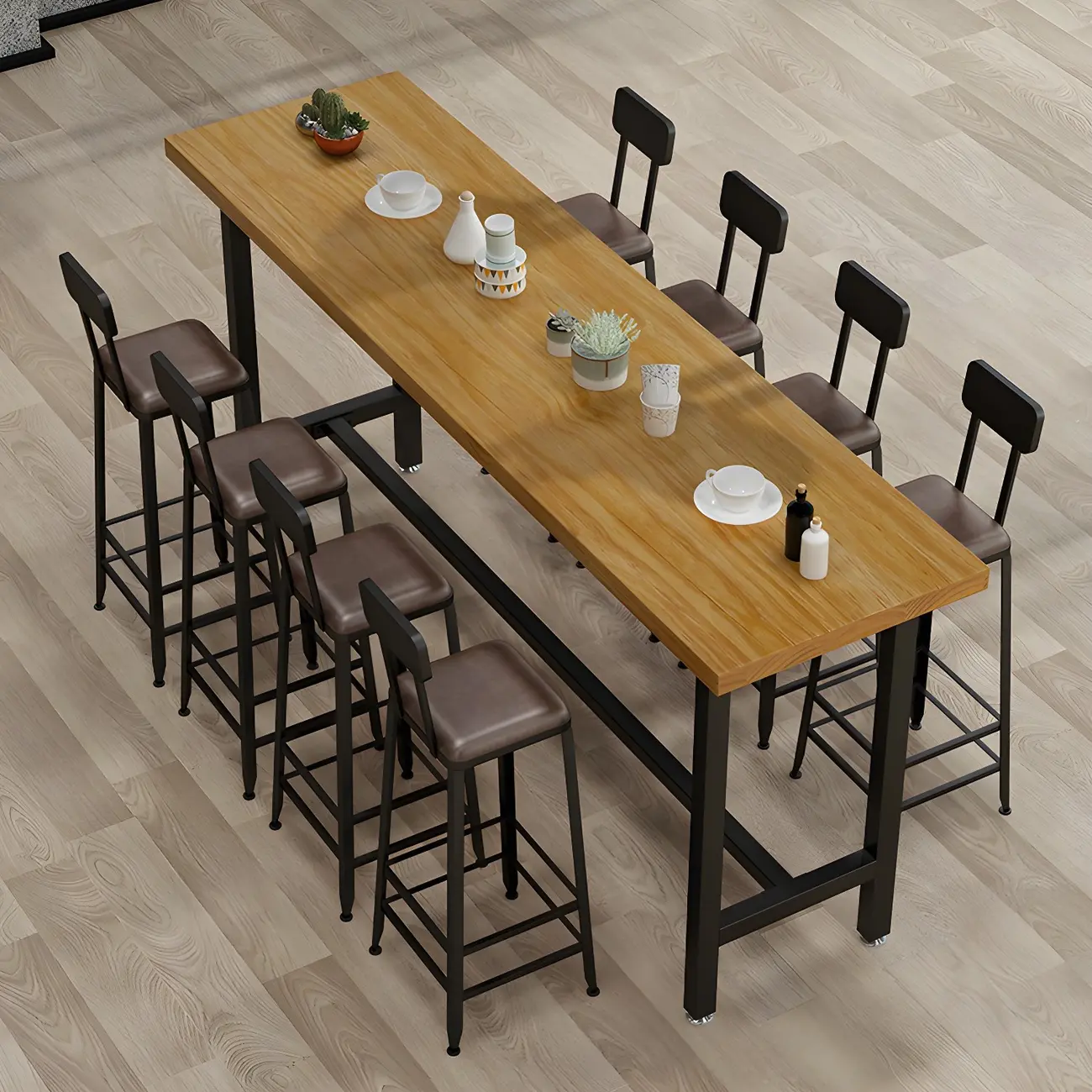 Rectangular Iron Frame Trestle Wood Bar Table with Footrest