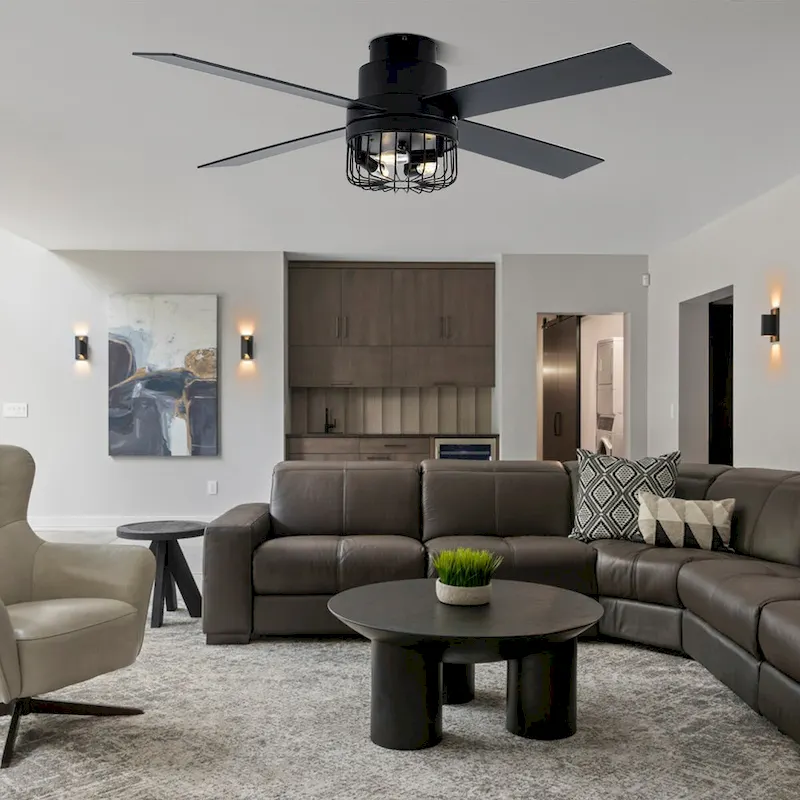 CurveCurio 52  Modern Black Industrial Ceiling Fan Flush Mount w Remote Control, 4 Wooden Blades w Caged Lights for Living Room