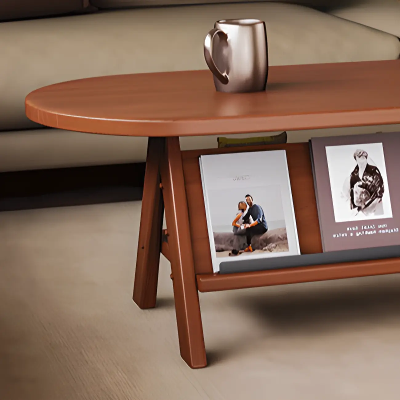 Classic Wooden Oval Coffee Table with Tilt Shelf