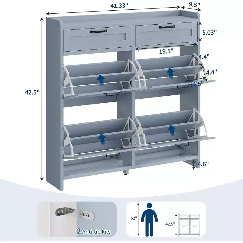 Blue Freestanding Shoe Cabinet with 4 Flip Drawers, Holds 26 Pairs