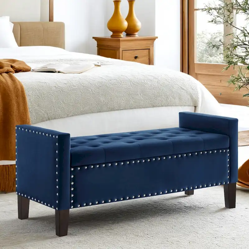 Button Tufted Storage Bench with Storage,Upholstered Storage Ottoman Bench with Nails Trim,End of Bed Stool