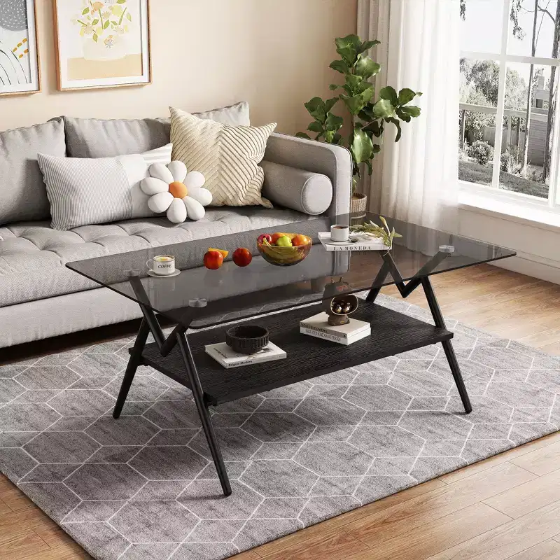 Okak Modern 2-Tier Coffee Table with Tempered Glass Top & Sturdy Metal Legs, Center Accent Table with Open Shelf for Living Room