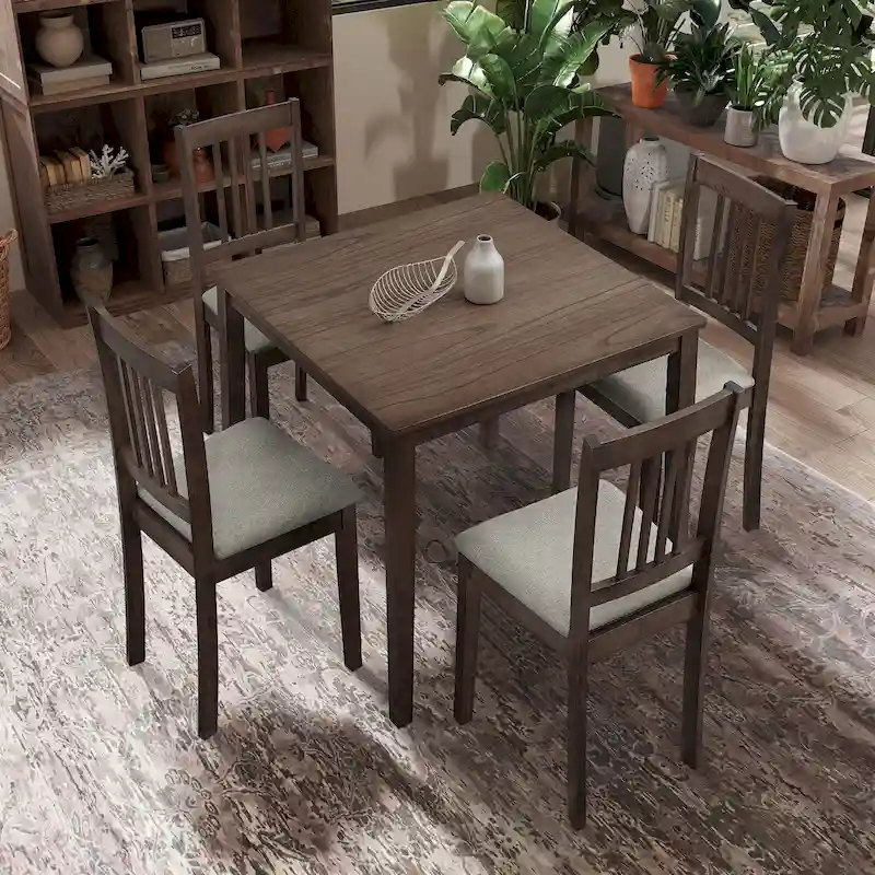 Kitchen Breakfast Nook Dining Table Chairs Set Square Wooden Dining Table Casual Dining Table with 4 Upholstered Dining Chairs