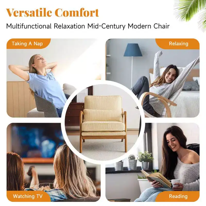 Karl Home 2Pcs Mid Century Solid Wood Accent Chair Upholstered Armchair with an Extra Pillow