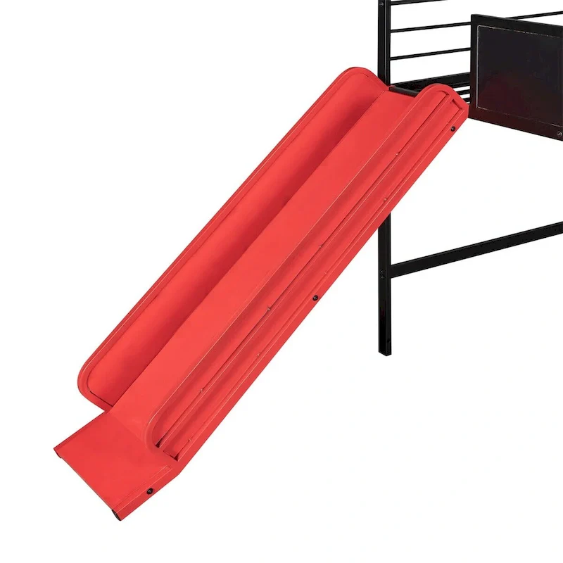 Merax Metal Twin House Loft Bed with Two-sided writable Wooden Board, Slide