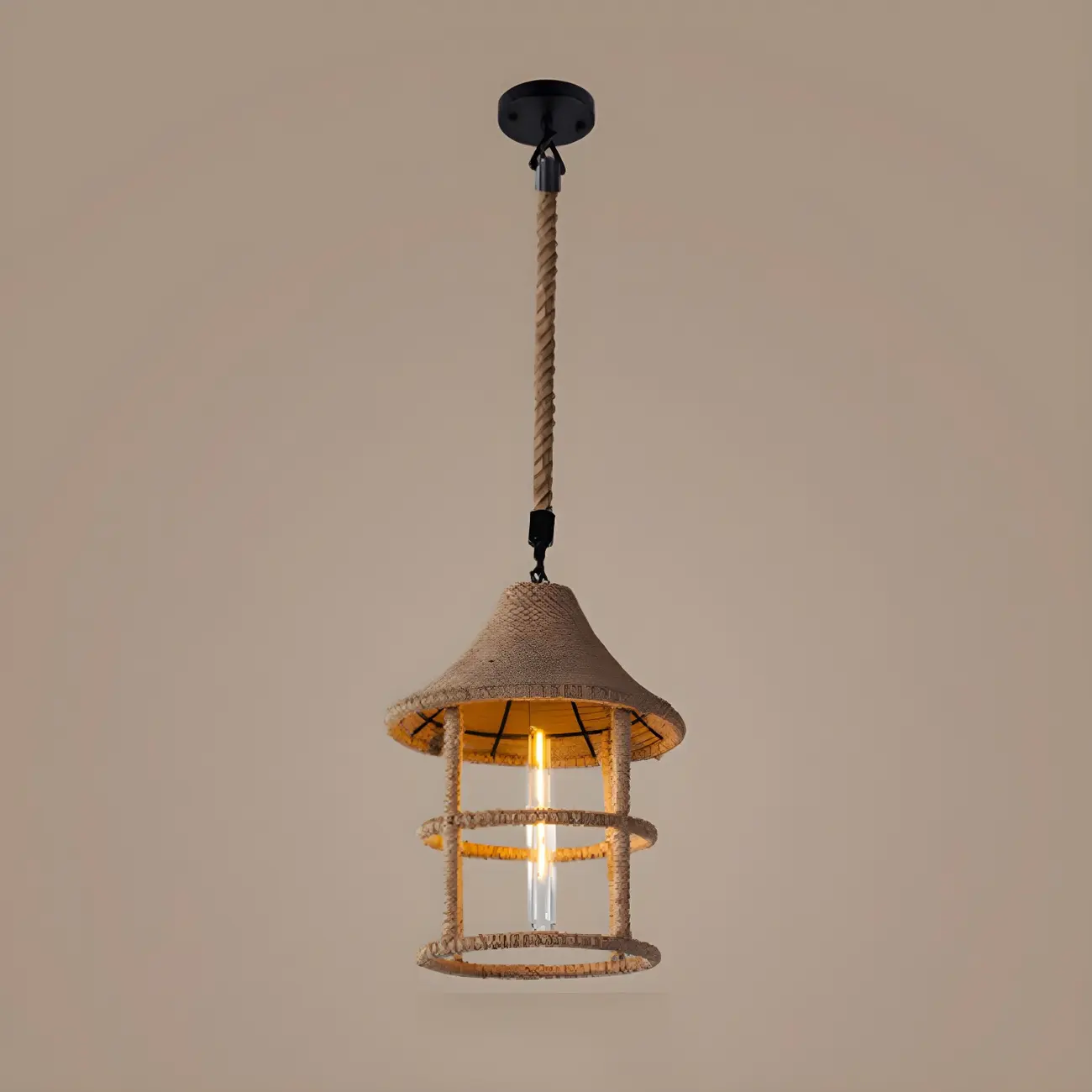 Industrial Rattan Black Metal Hemp Rope Pendant Light