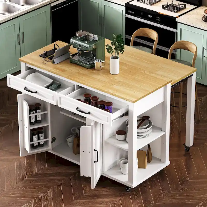 Extendable Kitchen Island on Wheels, Rolling Mobile Kitchen Cart, Bar Cabinet with Internal Storage Rack, 2 Drawers & 2 Cabinet