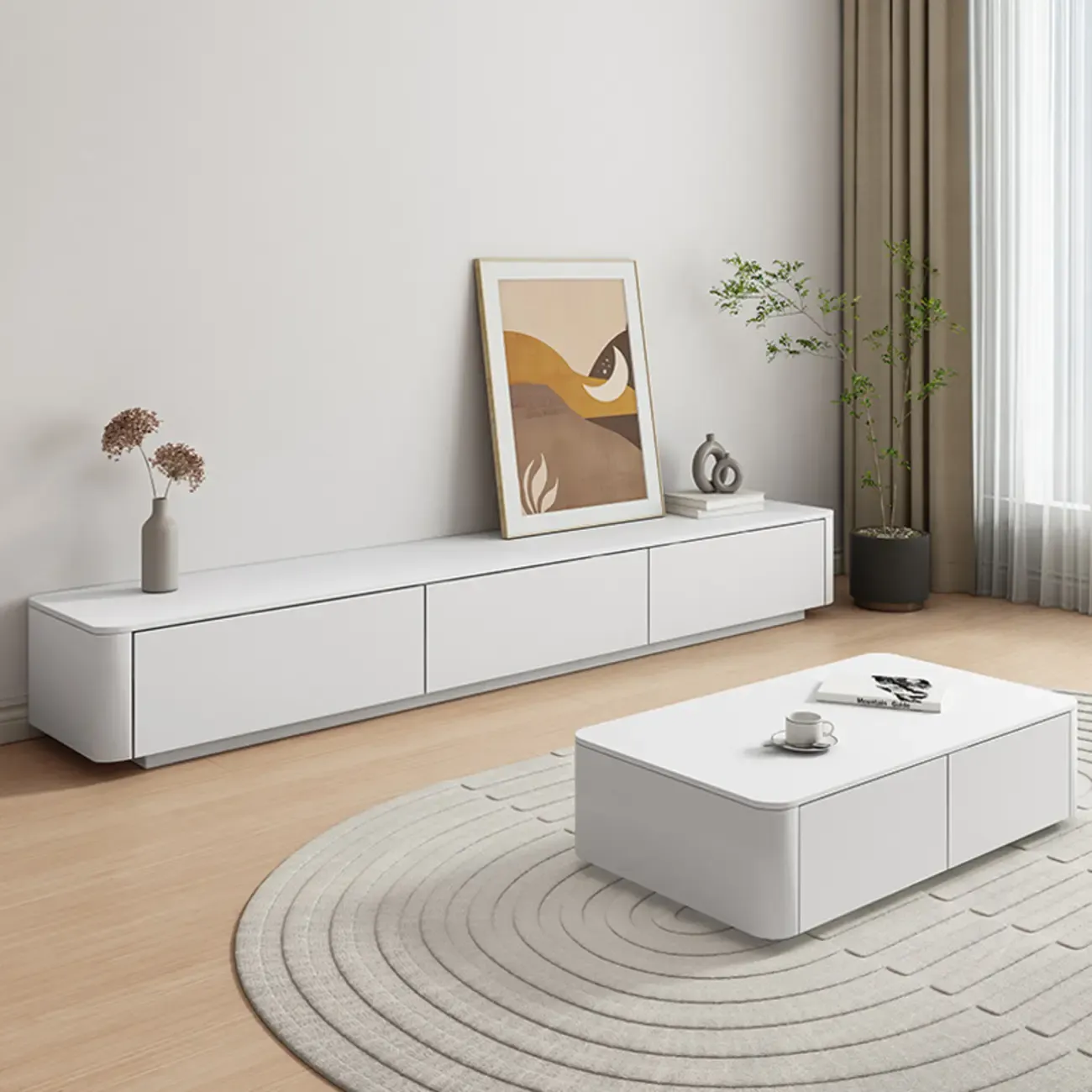 Modern White Wooden Long TV Stand with Drawers