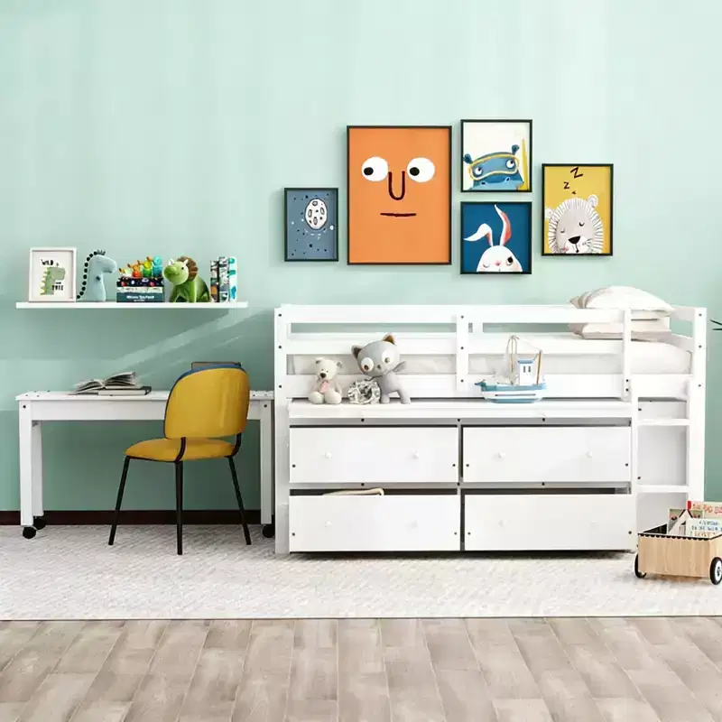 Luxystar Low Loft Bed with Desk, 4 Drawers and Bookcase
