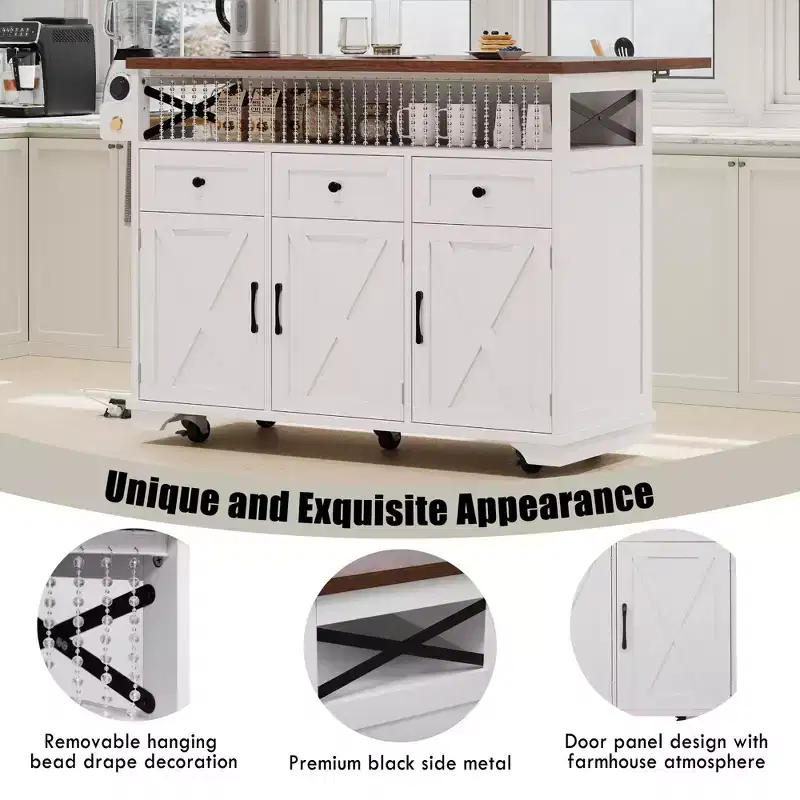 46.5 Farmhouse Kitchen Island with Power Outlet & Beaded Drape - Rolling Cart with Drop Leaf, 3 Drawers & Locking Wheels