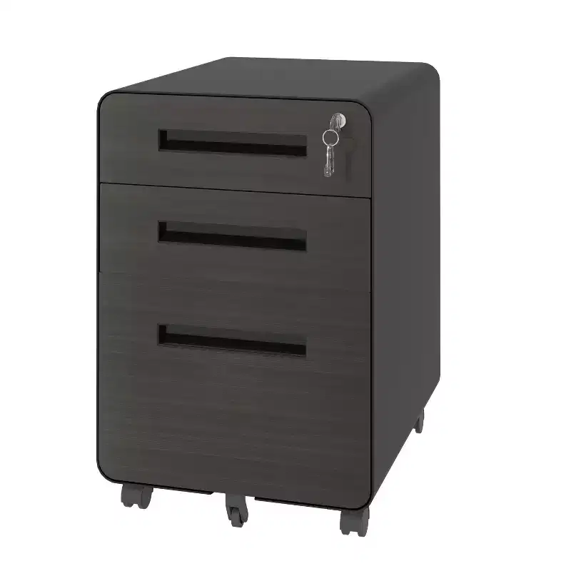 VIYET 23 3-Drawer Mobile File Cabinet, Black Cold-Rolled Steel Lockable Under-Desk Cabinet (5-Wheel Anti-Tilting for A4/Legal/Letter Files)