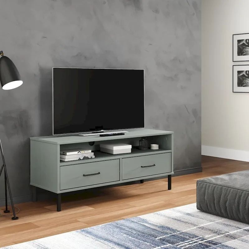 TV Stand with 2 Drawers, Solid Pine Wood, Metal Legs – Grey / Brown / White
