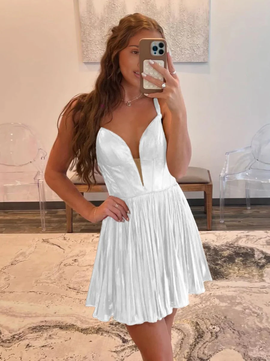 White - V Neck A-Line Metallic Pleated Short Homecoming Dresses