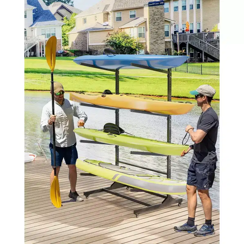 Black 2-Kayak Freestanding Storage Rack C Heavy-Duty Adjustable Stand with Lockable Wheels for Kayak/Canoe/SUP (Indoor/Outdoor Use, 1-Pack)