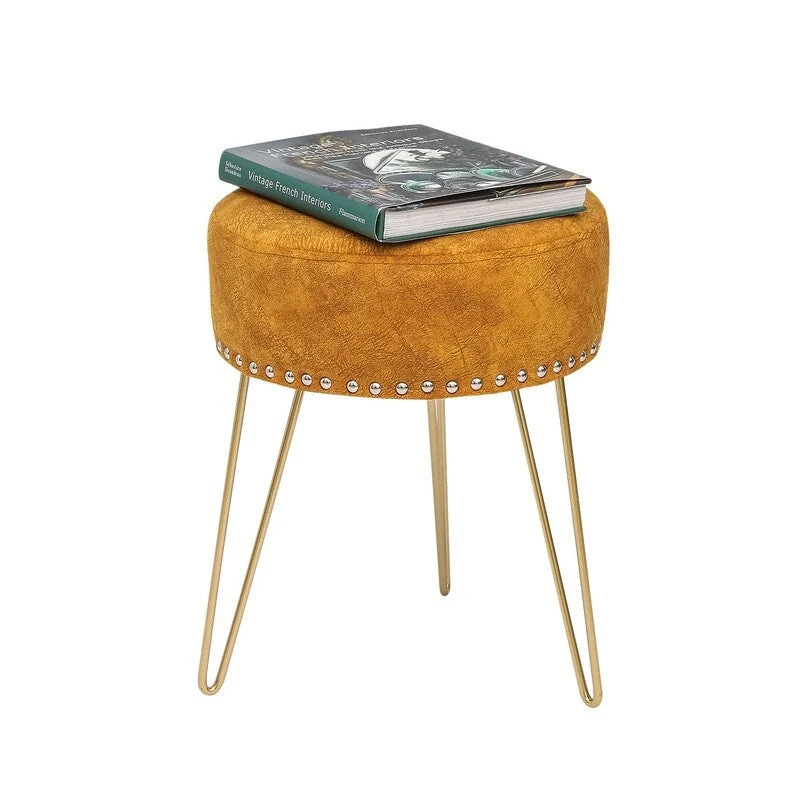 Adeco Round Footstool Ottoman Velvet Dressing Stool Gold Metal Legs