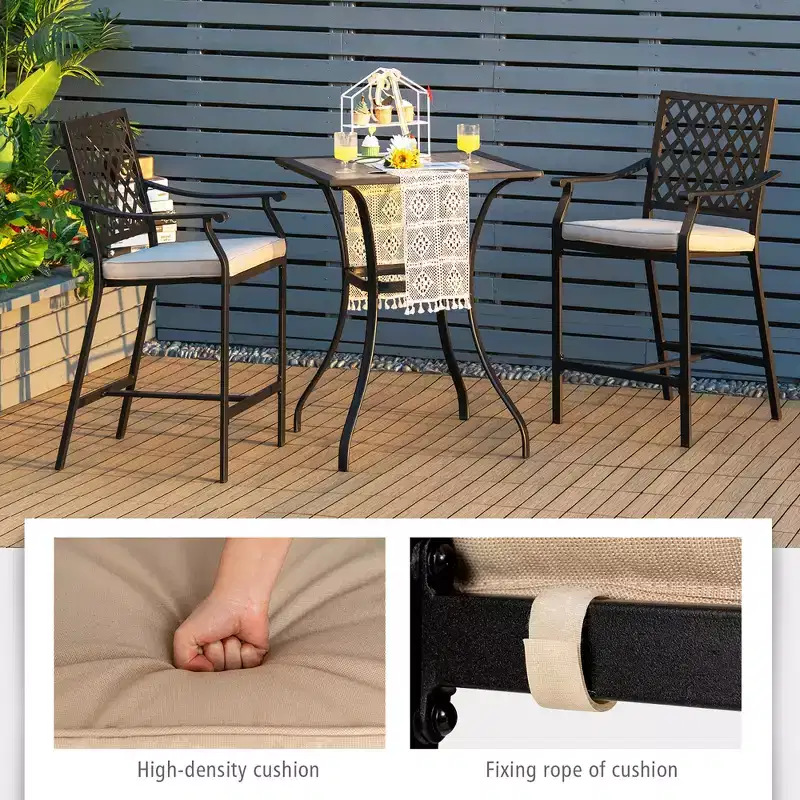 Costway 3 PCS Patio Bar Stool Square Table Bistro Set Cushioned Chairs Armrest