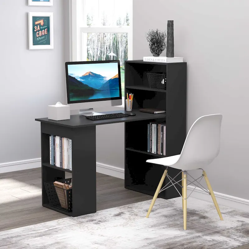 Modern Compact Computer Desk with 6-Tier Bookshelf Combo, Home Office Workstation